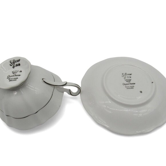 QUEEN ANNE Silver Lace Wedding Anniversary Cup And Saucer England Leaf Design - Picture 8 of 12